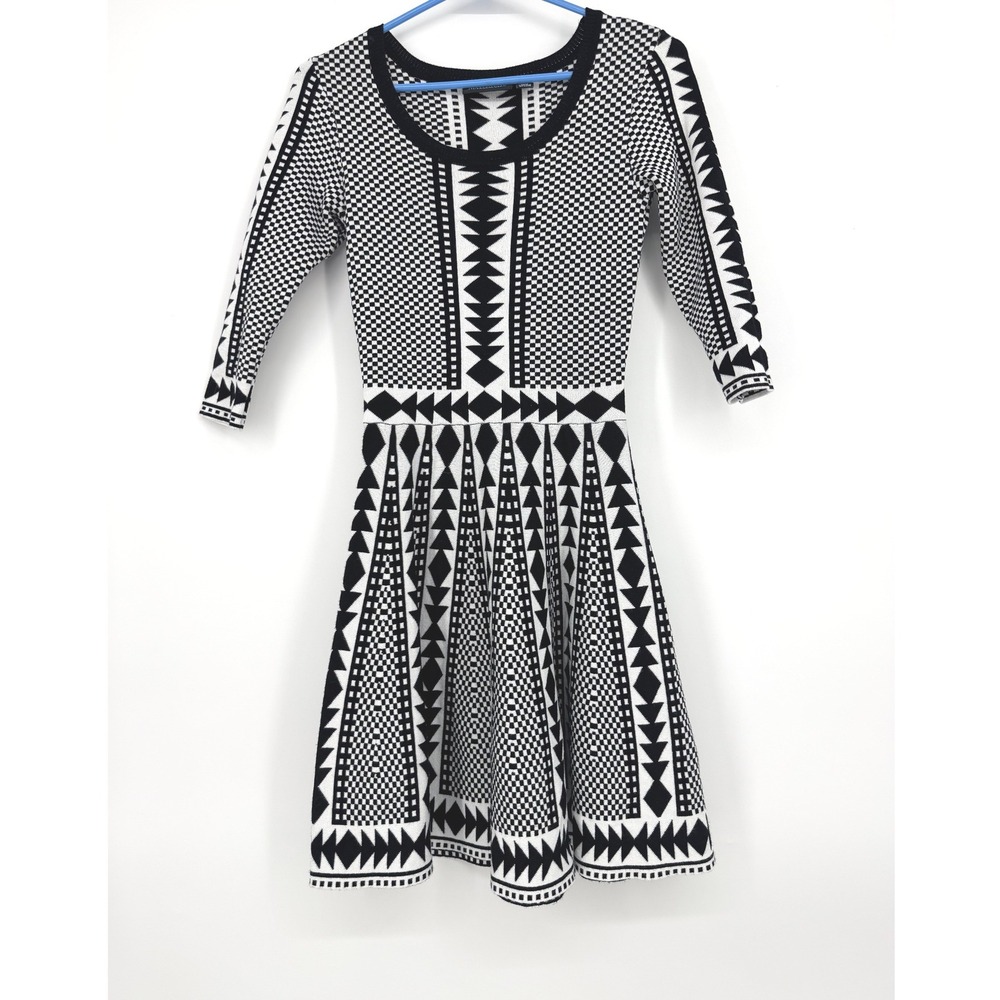Nina Leonard Womens XS Black White Geometric‎ Jacquard Fit Flare Sweater Dress